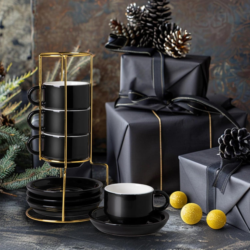 Sweejar Porcelain Espresso Cups with Saucers, 4 Ounce Stackable Cappuccino Cups with Metal Stand for Coffee Drinks, Latte, Tea - Set of 4 (Black Gold Stand)