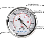Glycerin Filled Vacuum Pressure Gauge, 2-1/2" Clear dial,1/4" NPT Back Connection, Stainless Steel Case, Brass Movement, Dual Scales -30inHg/-1BAR-0