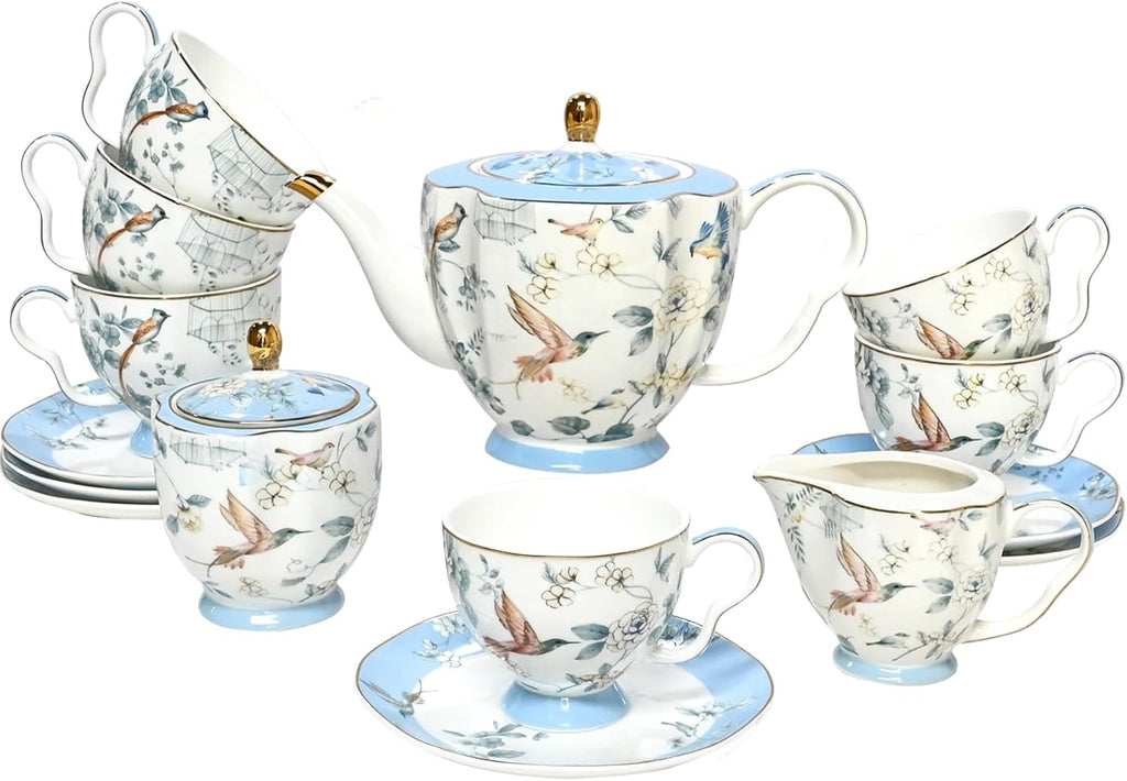 Bone China Tea Set, Porcelain Tea Sets for Adults, Blue and White Bone China Tea Cup Set for 6, Vintage Tea Sets for Women Tea Party