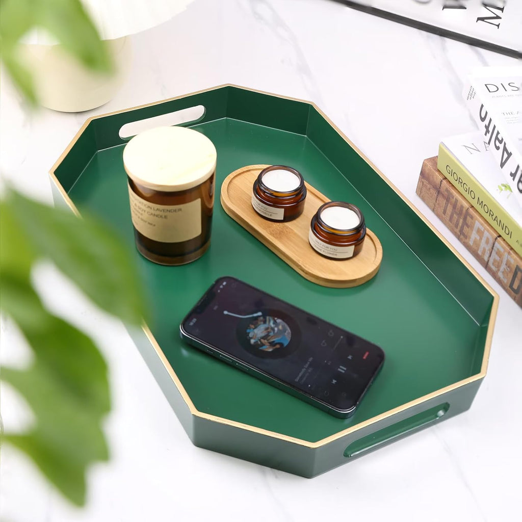 Green Decorative Tray with Handles, Versatile Serving Tray for Coffee Table, Ottoman, Ideal for Serving, Displaying, Organizing, 15.7"*10.2"*1.57"