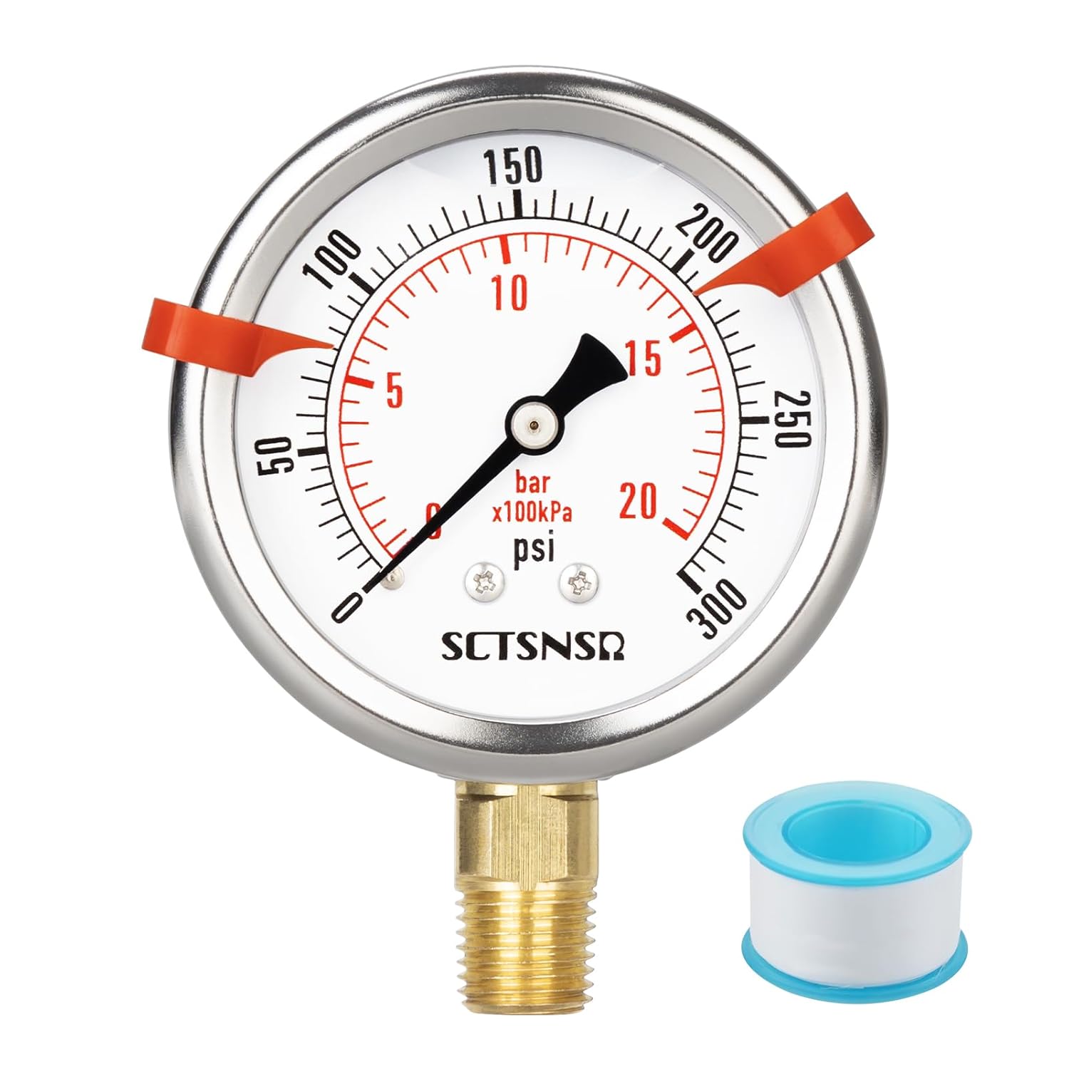 0 to 300 Psi Pressure Gauge, Glycerin Liquid Filled, 2.5 inch Dial, 1/4" NPT Lower Mount, Stainless Steel Case, for Regulator, Air Compressor, Water System, HVAC, Hydraulic, Pressure Test