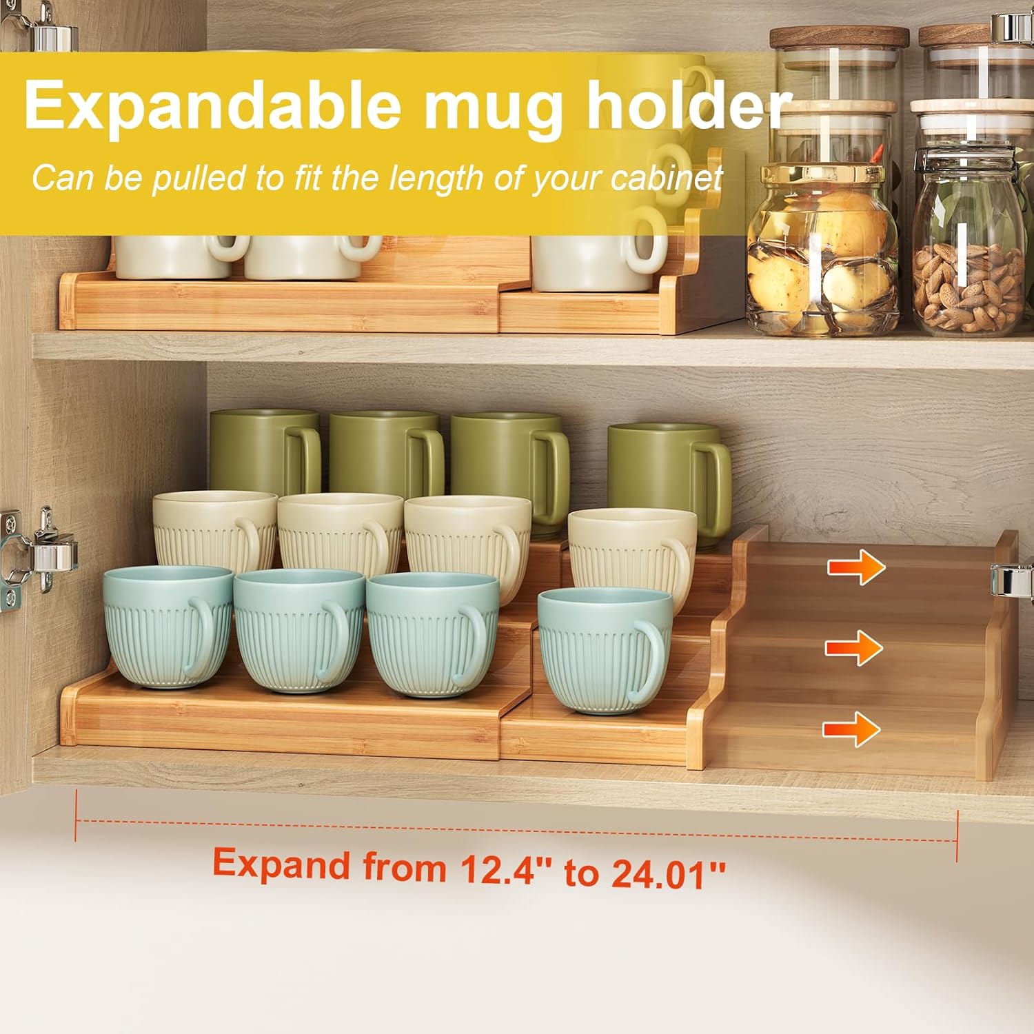 3-Tier Expandable Bamboo Mug Holder For Countertop Coffee Cup Holder Display Mug Organizer Mug Rack for Coffee Bar Organizer Mug Shelf for Cabinet for Kitchen, Home