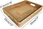i-lan 17Inch Large Rectangle Rattan Serving Tray with Handles-Natural Wicker Breakfast Coffee Drinks Serving Platter,Kitchen Tabletop Decorative Serving Tray for Fruit,Vegetables and Snacks