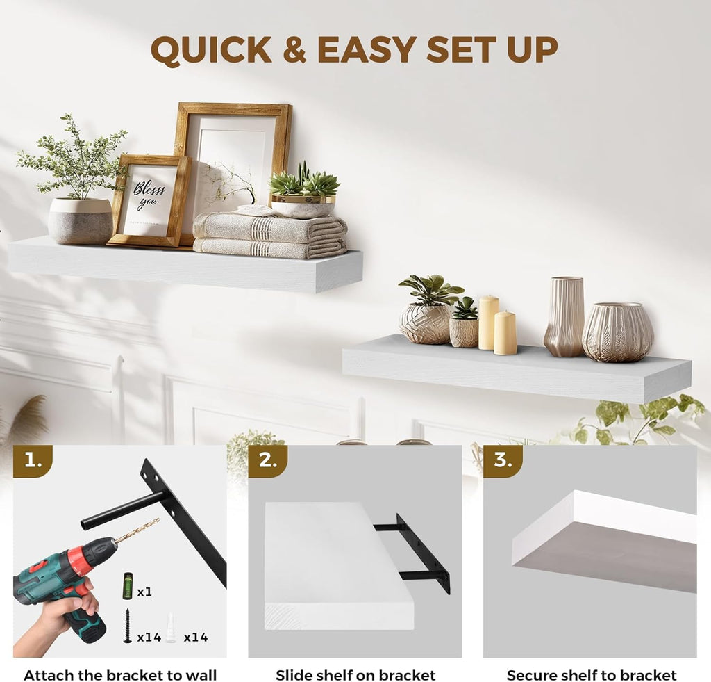 24x8x1.6 inch Floating Shelves Set of 2 – Solid Wood Rustic White Wall Mounted Shelf for Kitchen, Bathroom, Living Room