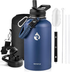 Insulated Water Bottle 64 oz, Triple Wall Vacuum Stainless Steel (Cold for 48 Hrs), Leak Proof & Non-BPA, Half Gallon Water Flask Jug with Paracord Handle & Straw Spout Lids, Navy Blue