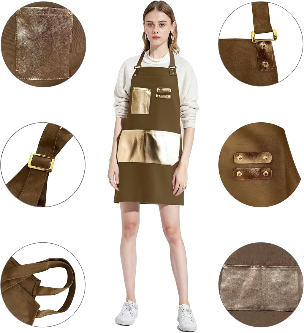 Barista Waitress Chef Cooking Aprons Waterproof Canvas Hair Stylists Apron with 3 Pockets for Women
