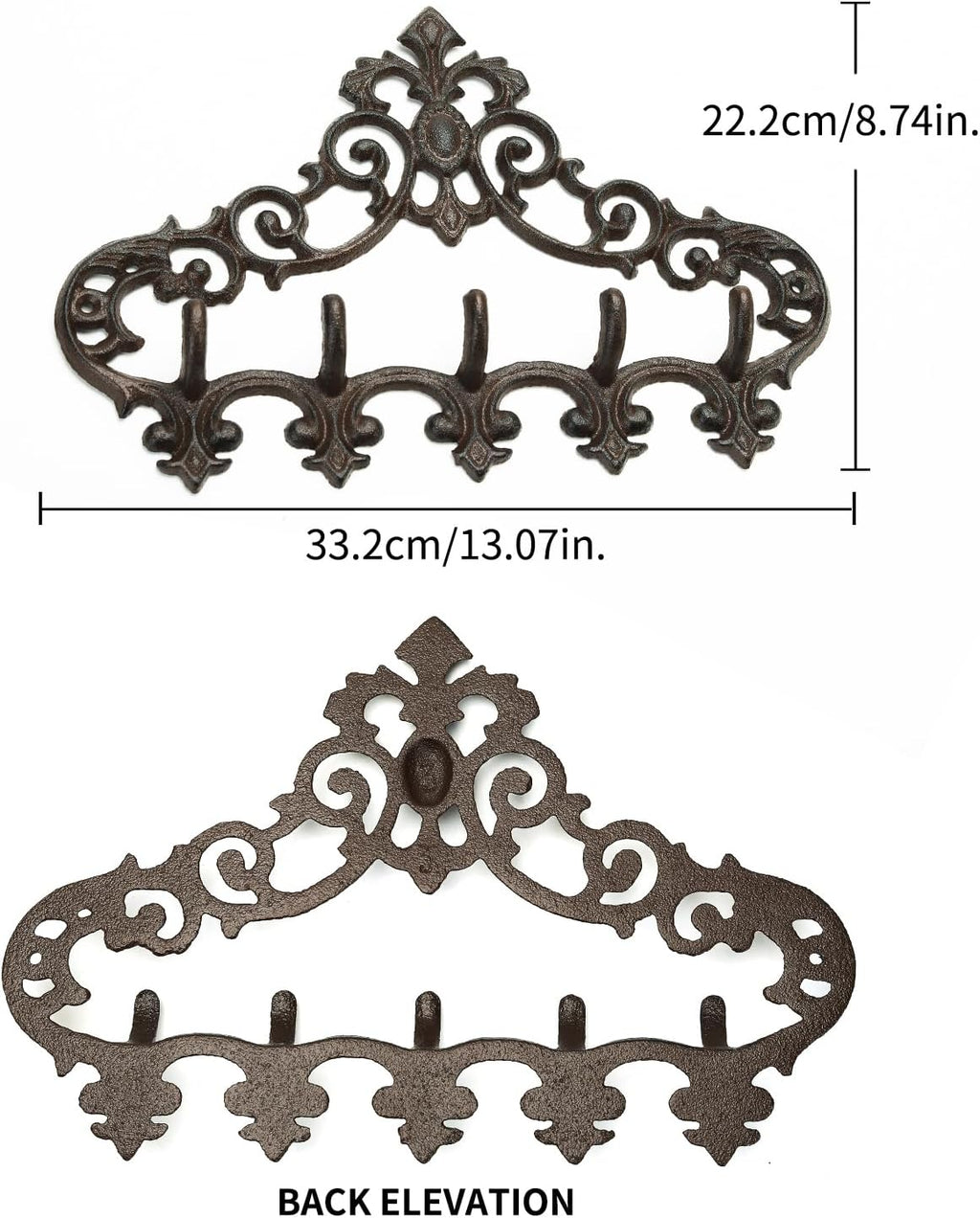 Sungmor Cast Iron Rustic Coat Hook Hanger with 5 Hooks - Practical Iron Storage Organizer/Wall Hooks Hanging Rack - Pretty Pattern Charming Wall Decor for Keys Clothes Hats