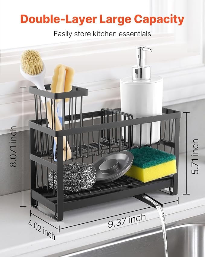 VEVOR Kitchen Sink Caddy Organizer, 2 Tier Sponge Holder for Kitchen Sink with High Brush Holder & Divider, Storage Rack with Rotatable Drainage Spout, Countertop Organizers and Storage Essentials