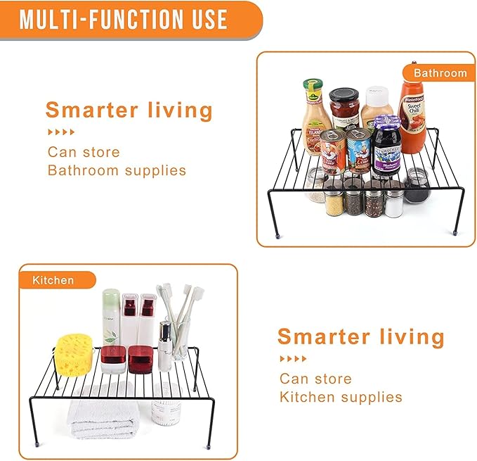 Large Cabinet Storage Shelf Rack (16.1 x 10.2 Inch), Kitchen Counter Organizer, Fridge and Bathroom Cupboard Storage Rack (Black, 2)