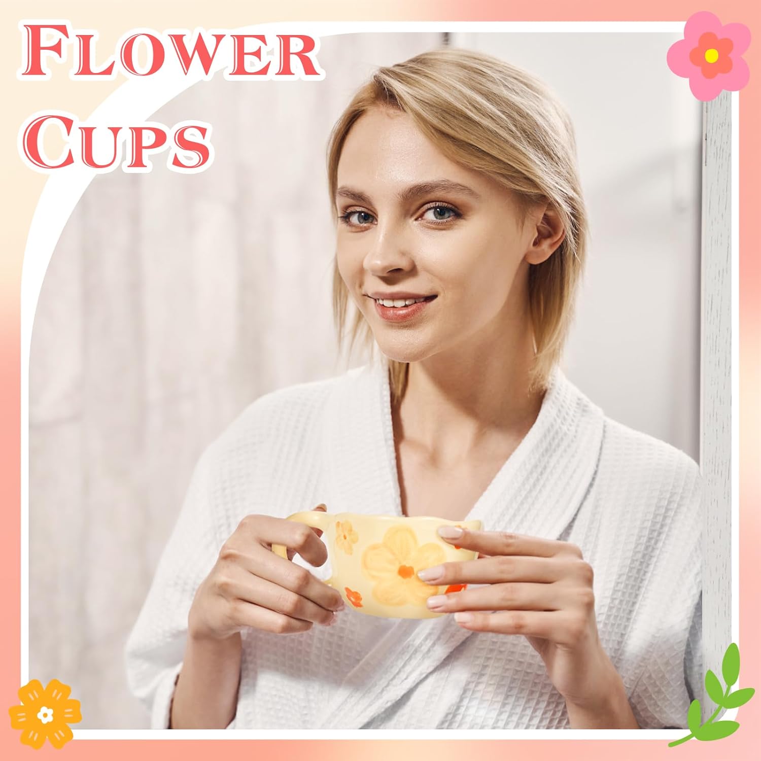 Cute Coffee Mug Set of 2 Vintage Flower Mugs 8 oz Ceramic Floral Coffee Mugs Irregular Latte Art Cup Lead-free Porcelain Cups for Cappuccino, Cocoa (Orange Flowers and Purple Tulips)