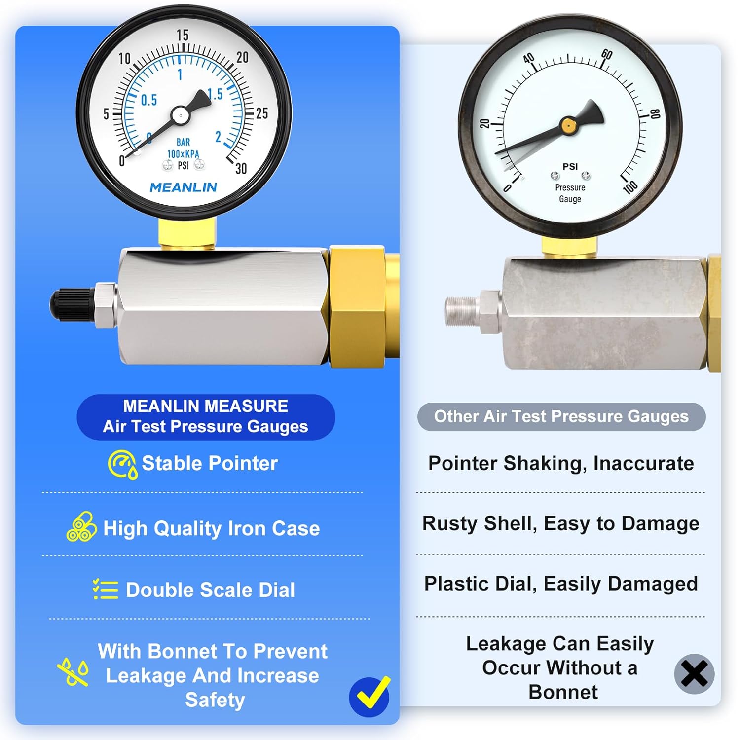 MEANLIN MEASURE 0-30Psi 2" Steel Double Graduated Air Test Pressure gauges, 3/4" FNPT Connection, -3-2-3% Accuracy