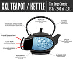 XXL Japanese Cast Iron Teapot with Infuser & Matching Trivet - Large 85 Oz/2500ml Tetsubin Loose Leaf Tea Pot with Enamel Interior - Handcrafted Big Cast Iron Tea Kettle Humidifier Set - Black