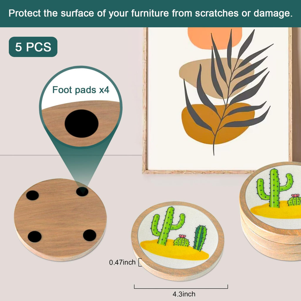 Cactus Coasters for Drinks, Minacun Absorbent Coaster Set of 5, Funny Coasters for Coffee Tabletop Protection, Unique Gift for Home, Office, Bar Decor, 4.3 Inches