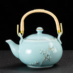 KEYDUACU Japanese Tea Set, Kiln-Formed Ceramic TeaSet, Plum Blossom Embossed, Includes 1 Teapot, 6 Teacups,Tea Tray,Strainer, Used for home, outdoor, gift, Chinese Kung Fu Tea Sets(FDMH-CYAN-MU)