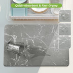 Coffee Bar Mat Dish Drying Mat - 16x24, PU Surface & Rubber Backed, Kitchen Countertop Protector, Quick Absorbent, Heat Resistant - Gray and White Marble