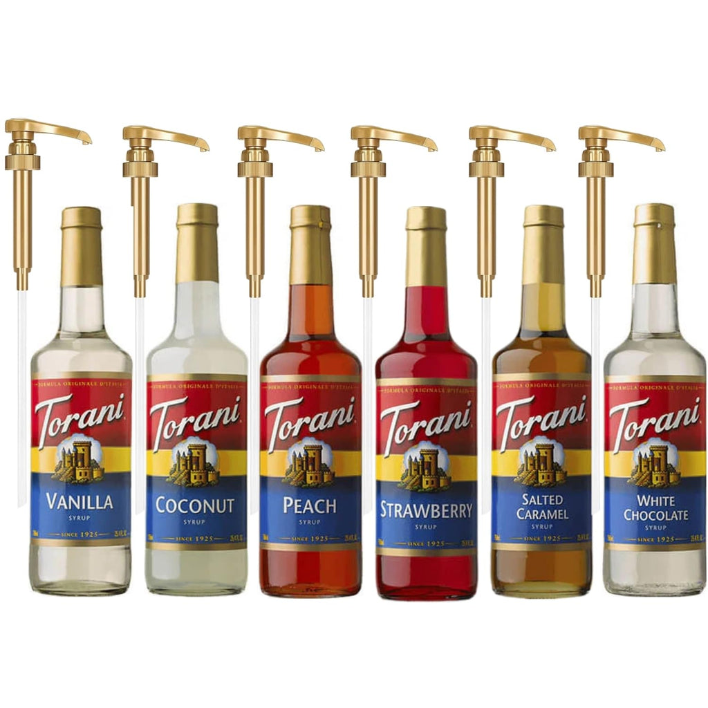Original Bestsellers Syrup Variety 6-Pack - Vanilla, Peach, Strawberry, Coconut, Salted Caramel & White Chocolate - Coffee & Italian Soda Flavor Syrup with 6 Jimoco Dispenser Pumps