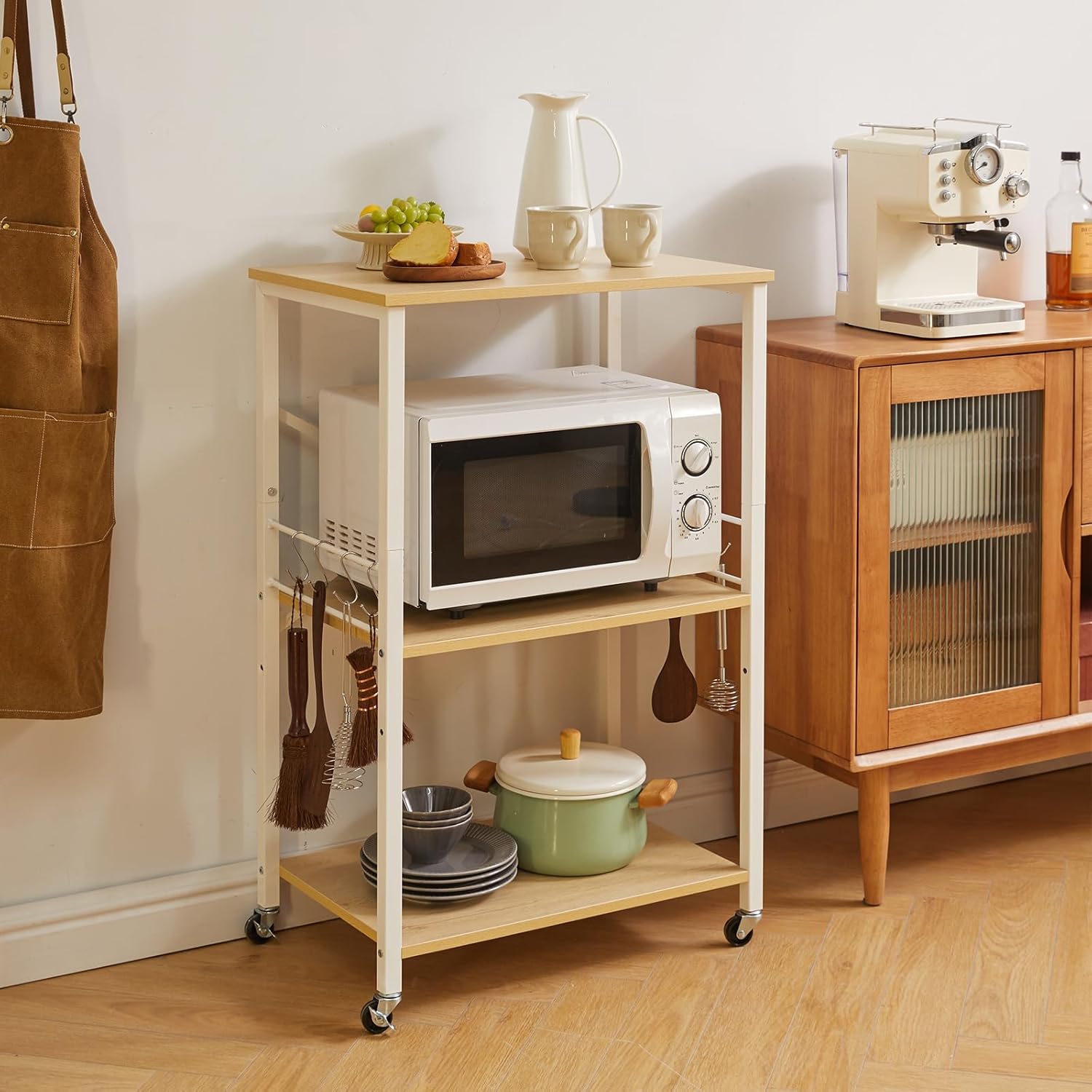 IBUYKE Kitchen Shelf Cart, 3-Tier Microwave Oven Stand, Baker’s Rack with Metal Frame and 8 Hooks, Industrial Printer Stand, Utility Standing Storage Shelf for Coffee Bar, Simple Assembly, TMJ023R