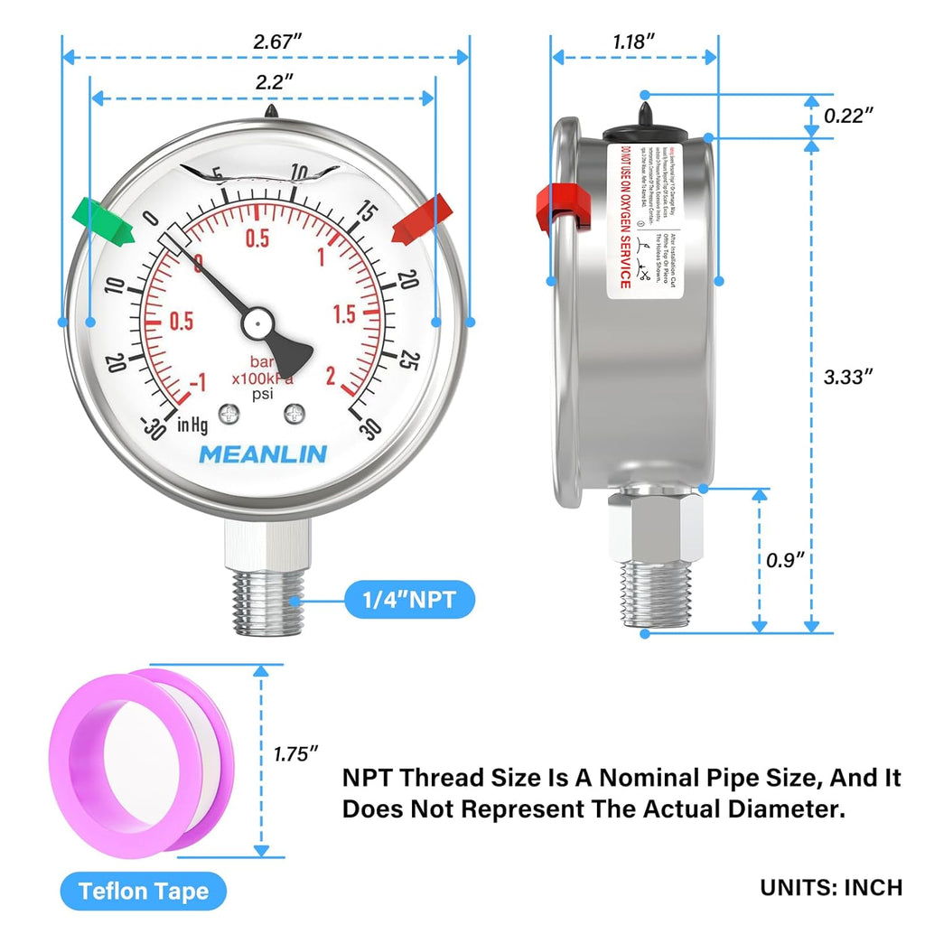 MEANLIN MEASURE -30inHG~30Psi Vacuum Pressure Gauge 316 Stainless Steel Joint 1/4" NPT 2.5" FACE DIAL, Stainless Steel Liquid Filled Pressure Gauge WOG Water Oil Air Lower Mount, 2PCS Snaps