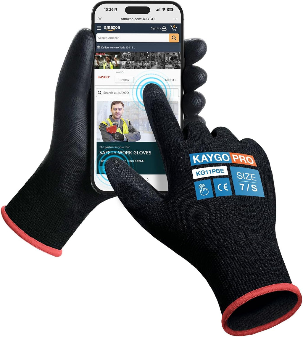 KAYGO Safety Work Gloves PU Coated for Men and Women, 60 Pairs KG11PB, Seamless Knit Glove with Two Fingers Touchscreen, breathable and lightweight Ideal for General Duty Work (Small,Black)