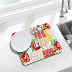 Rubber Dish Drying Mat for Kitchen Counter Large Boho Flowers Washable Quick Home Coffee Pad Fit Under Sink,Bar,Utensils 16x18in
