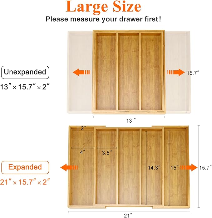Expandable Silverware Drawer Organizer Storage Large Bamboo Kitchen Tool Utensil Organizers Divider Cutlery Tray Adjustable Flatware Drawer Organizer for Spoon Spatula Cooking Utensils Holder Tray