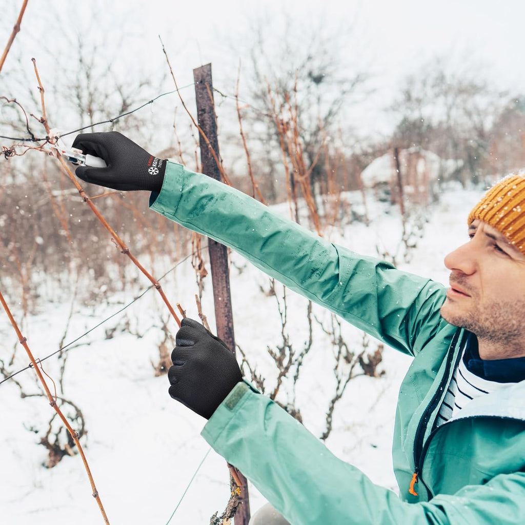 KAYGO Winter Work Gloves for Men and Women, 12 Pairs Thermal Insulated Safety Work Gloves PU Coated, Smooth Grip on Palm & Fingers,Ideal for Freezer Work,Black,L