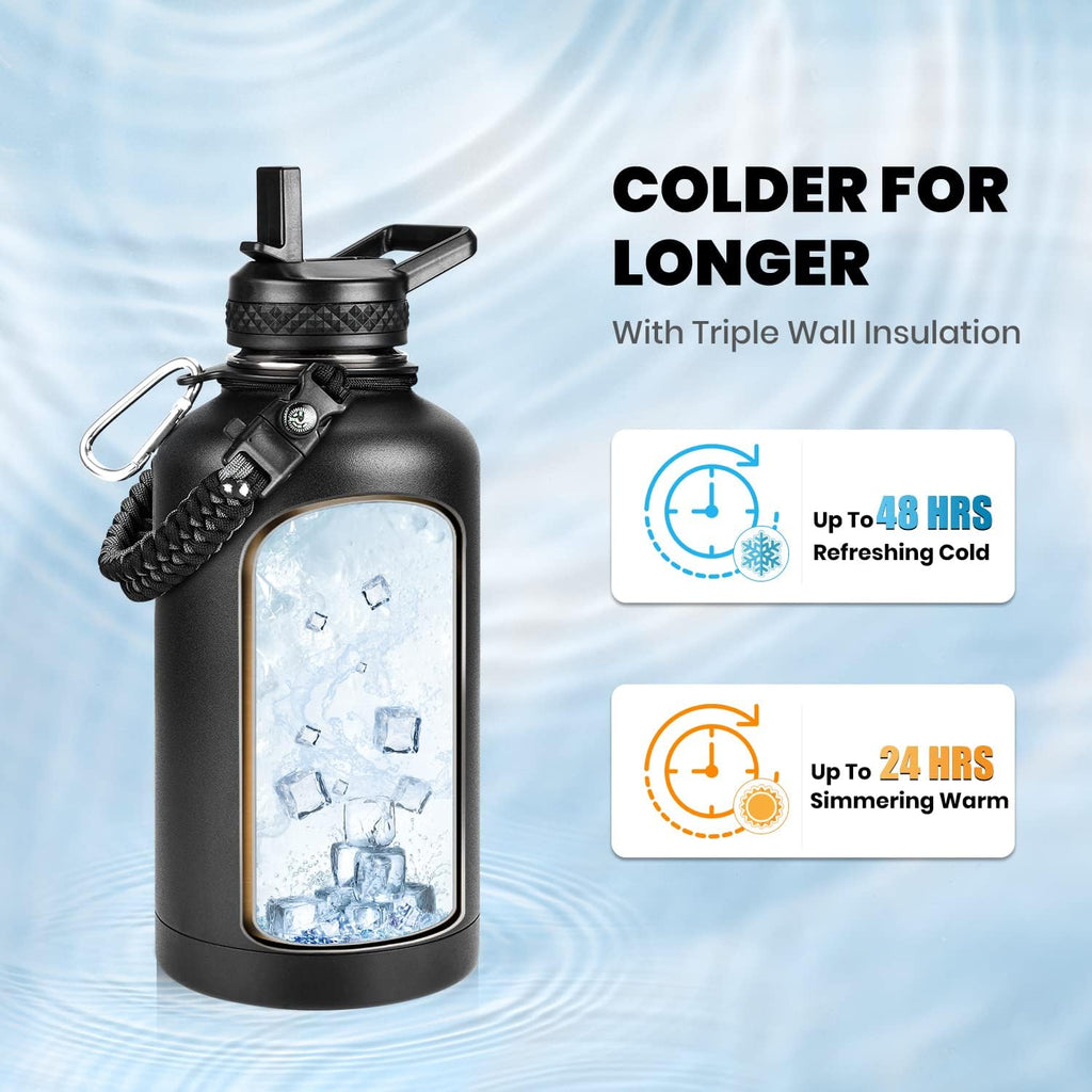 Insulated Water Bottle 64 oz, Triple Wall Vacuum Stainless Steel (Cold for 48 Hrs), Leak Proof & Non-BPA, Half Gallon Water Flask Jug with Paracord Handle & Straw Spout Lids, Magic Black