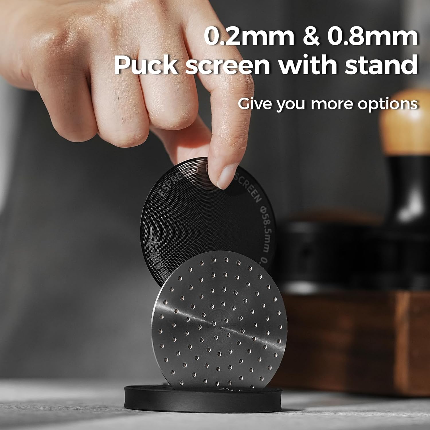 MHW-3BOMBER 58mm Espresso Puck Screen - 0.2mm Ultra Thin Espresso Puck - Metal Reusable Coffee Filter for Portafilter Basket 58mm - Puck Screen with Stand 3 Pack FG7052-OS