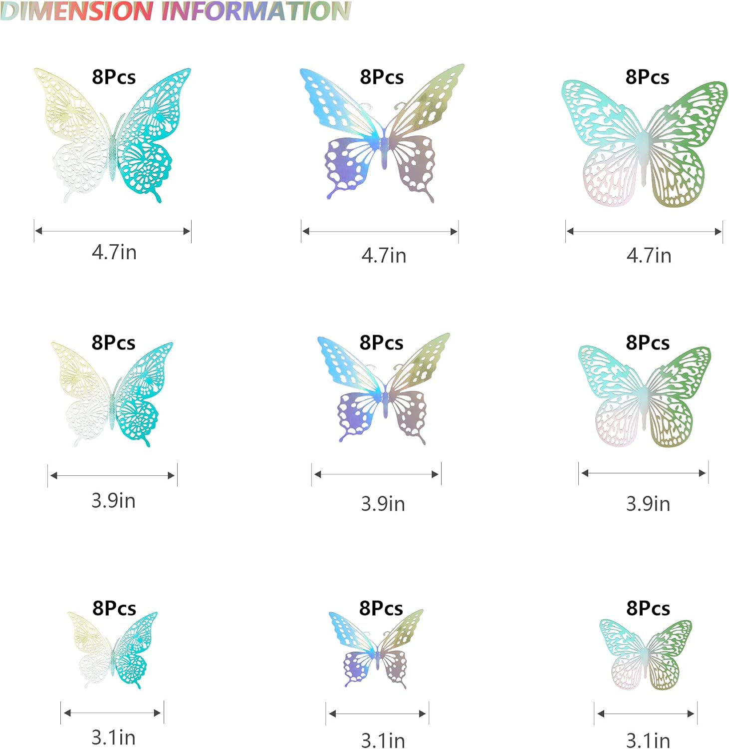 SAOROPEB 3D Butterfly Wall Decor, 72 Pcs 3 Styles 3 Sizes, Removable Metallic Wall Sticker Room Mural Decals for Kids Bedroom Nursery Classroom Party Decoration Wedding Decor DIY Gift (Laser)