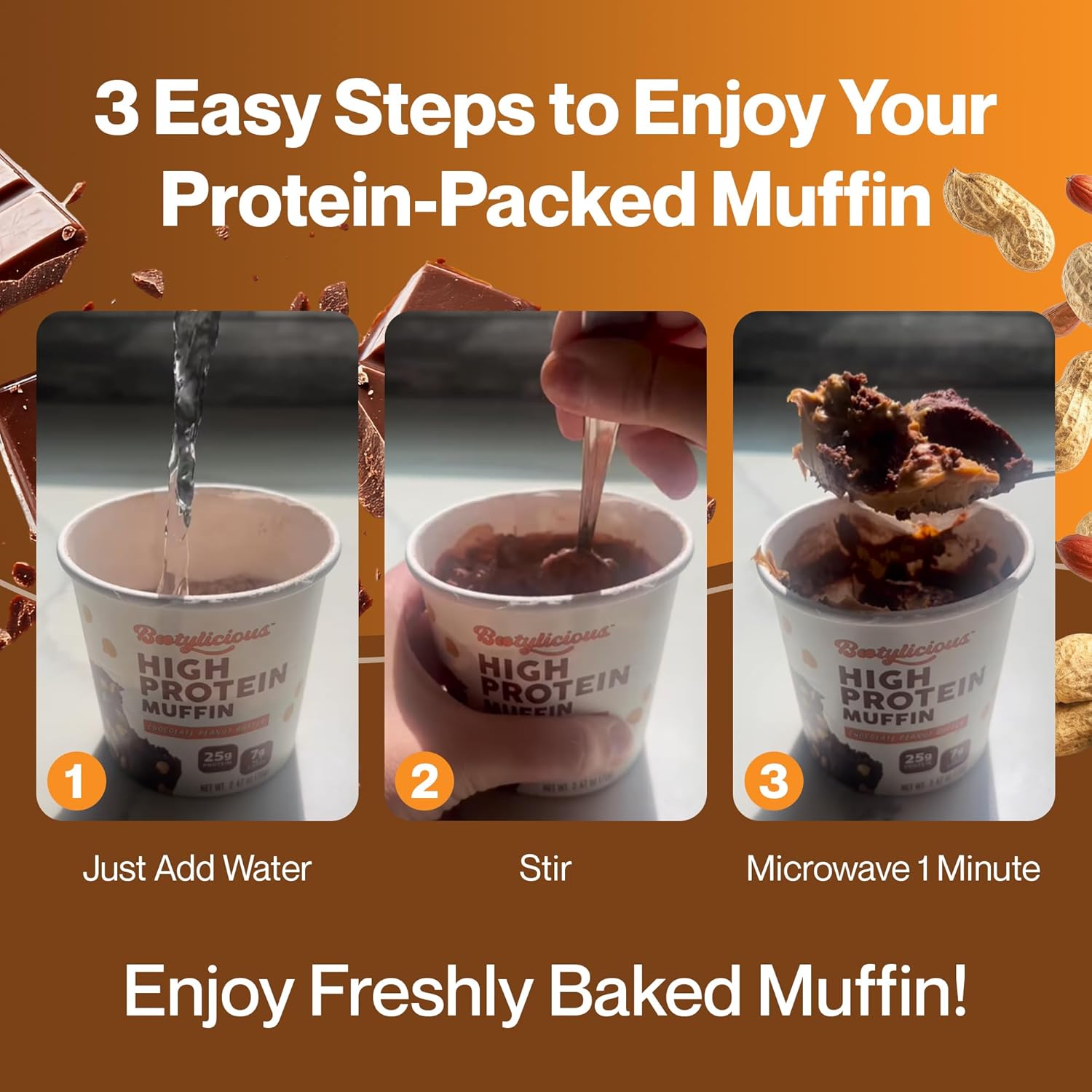 Bootylicious | High-Protein Muffin | 25g Protein, 7g Net Carbs, 2.32-2.75oz Cup, 12-Pack (Chocolate Peanut Butter)