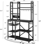 Baker Rack with Power Outlet - Microwave Stand with Storage, Large Coffee Bar Station with 14 Hooks, Metal Kitchen Shelf Rack for Spices, Pots (Rustic Black)