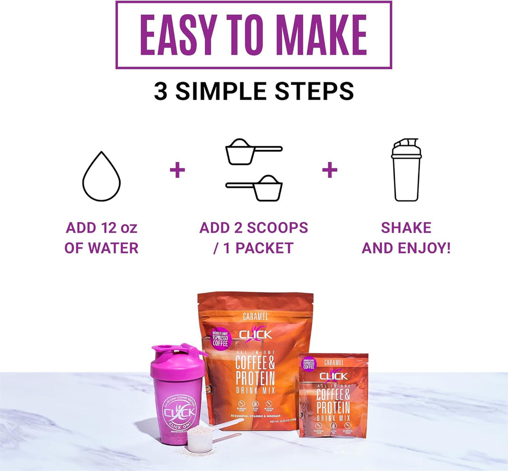Click Coffee Protein Powder | Double Shot Espresso | 16g Protein | 23 Essential Vitamins | Low Calorie Meal Replacement | 150mg Caffeine | Gluten Free | No Artificial Flavors or Colors | Caramel
