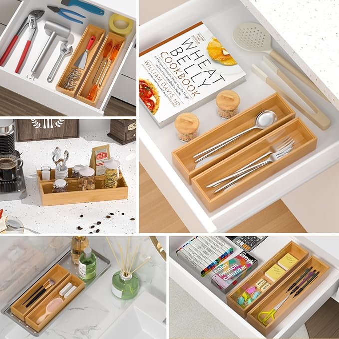 Silverware Tray for Drawer, Stackable Kitchen Bamboo Drawer Organizer 12" x 3" x 2" Set of 2