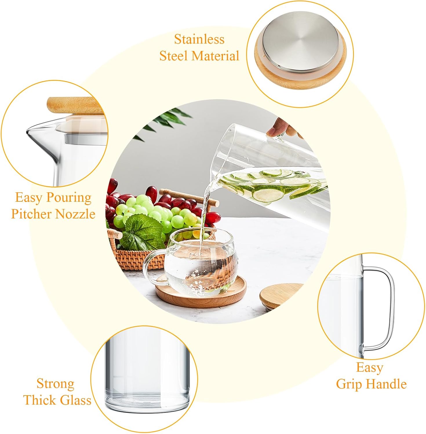 Hsei 2 Sets Glass Pitcher with Lid, 50 oz / 1500 ml Water Carafe with Handles Hot Cold Beverage Water Jar Glass Jug for Tea Juice Milk Coffee Iced Beverage