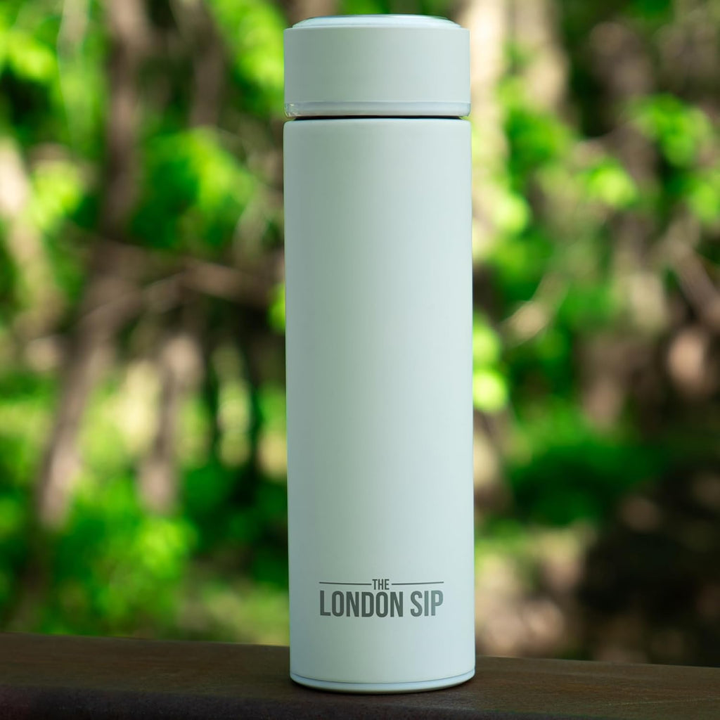 London Sip 16.9 oz Multi-Purpose Tea Infuser Mug – Fruit Infuser Water Bottle for Hot and Cold – Double Wall Stainless Steel Insulated, Pearl White