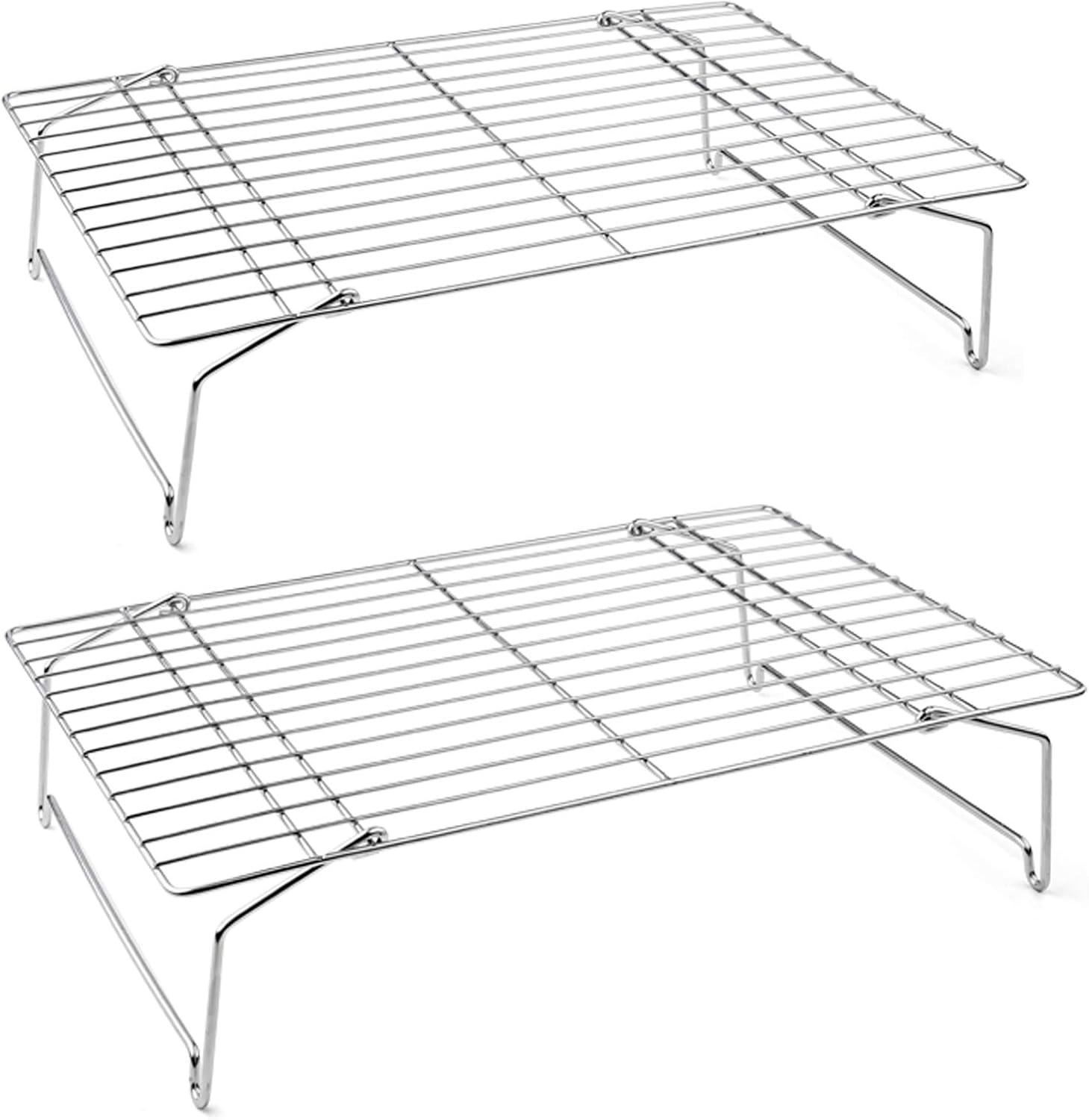 P&P CHEF Cooling Rack Set of 2, 2-Tier Stackable Stainless Steel Wire Racks for Baking Cooking Cooling Roasting, Collapsible & Heavy Duty, Oven Safe & Easy Clean, 15" x 10", Silver