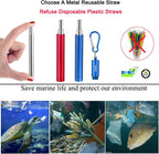 2 Pack Reusable Metal Straws Collapsible Stainless Steel Drinking Straw Travel Portable Telescopic Straw with Case,2 Cleaning Brushes Included Red/Blue