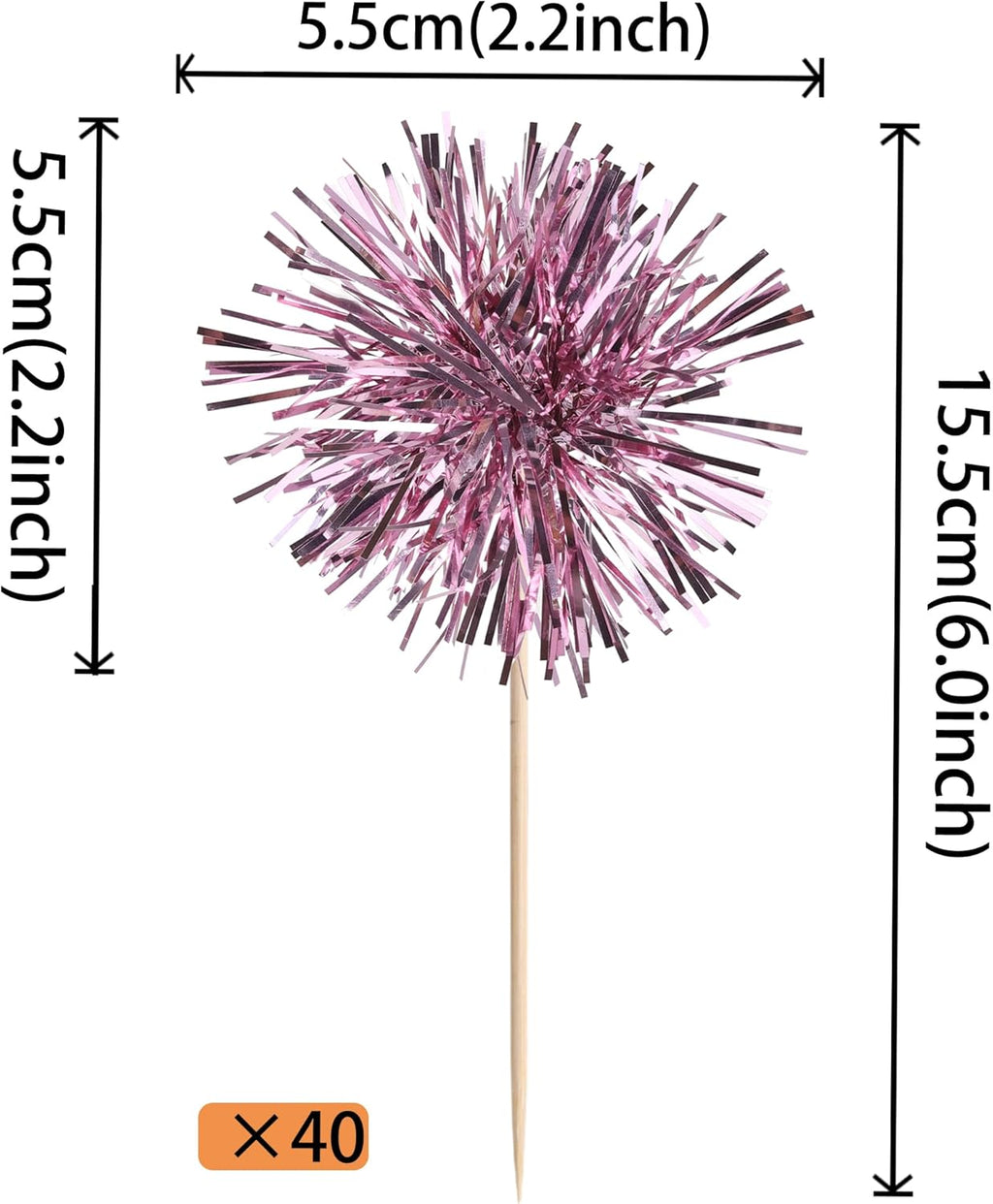 40 PCS Foil Firework Cupcake Toppers Sparkle Tinsel Cupcakae Picks Sparkler Fireworks Party Decorations Cocktail Fruit Toothpick for Birthday Wedding Graduation Party Decorations Supplies Pink