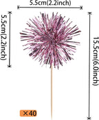 40 PCS Foil Firework Cupcake Toppers Sparkle Tinsel Cupcakae Picks Sparkler Fireworks Party Decorations Cocktail Fruit Toothpick for Birthday Wedding Graduation Party Decorations Supplies Pink
