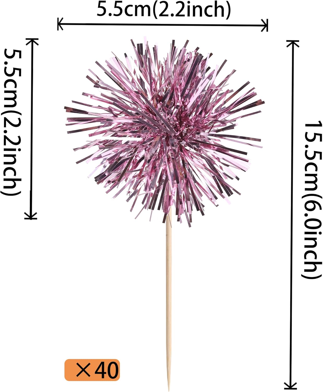 40 PCS Foil Firework Cupcake Toppers Sparkle Tinsel Cupcakae Picks Sparkler Fireworks Party Decorations Cocktail Fruit Toothpick for Birthday Wedding Graduation Party Decorations Supplies Pink