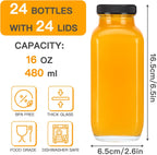 CUCUMI 24pcs 16oz Glass Juice Bottles with Lids, Reusable Vintage Glass Drinking Bottles with Blank Labels, Brush, Straws, Funnel for Storing Tea, Kombucha, Milk