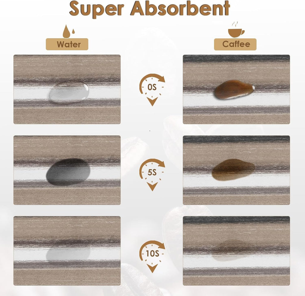 Arttown Coffee Mat for Countertops, Striped Abstract Tan Gray Retro Dish Drying Mat 2 Pcs for Kitchen Bar Accessories, Fit Under Coffee Maker Espresso Machine Dish Rack Hide Stain Rubber 12x19in