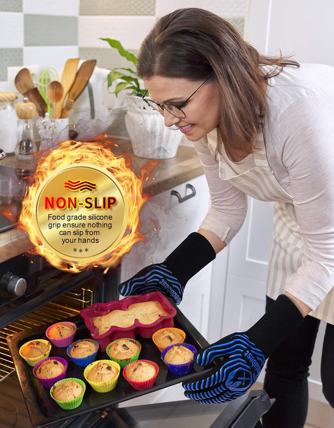 WEEDABEST Hot BBQ Gloves Heat Resistant Kitchen Oven Mitts Professional Long Heat Resistant Cooking Gloves for Grill,Grilling,Smoker,Barbeque,13.5 inch-Blue