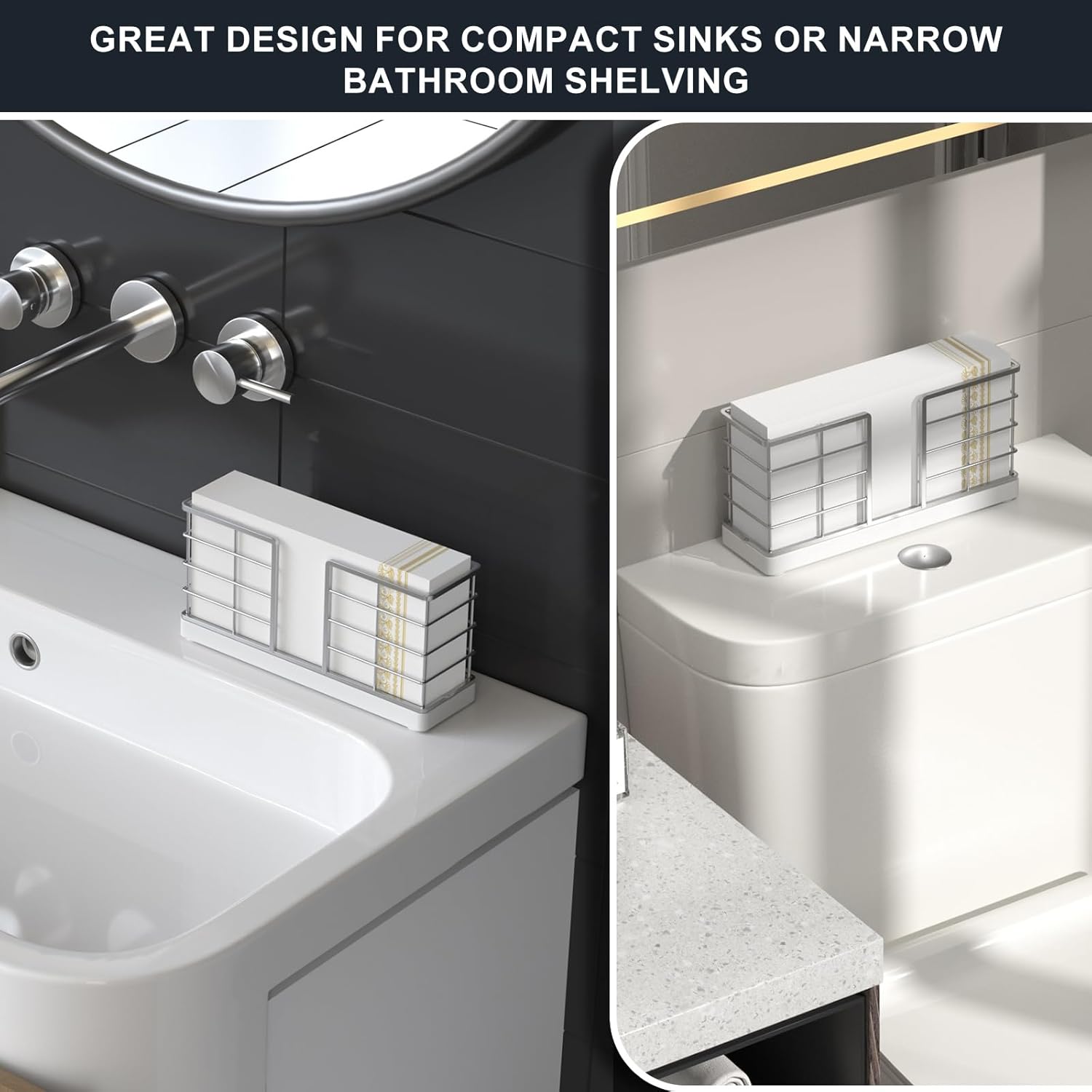 Wican Vertical Stance Bathroom Napkin Holder Takes Up Less Space for Small Guest Bathroom Oak and Iron Towel Tray for Powder Room Wooden Basket for Disposable Paper Hand Towels Silver and Matte White