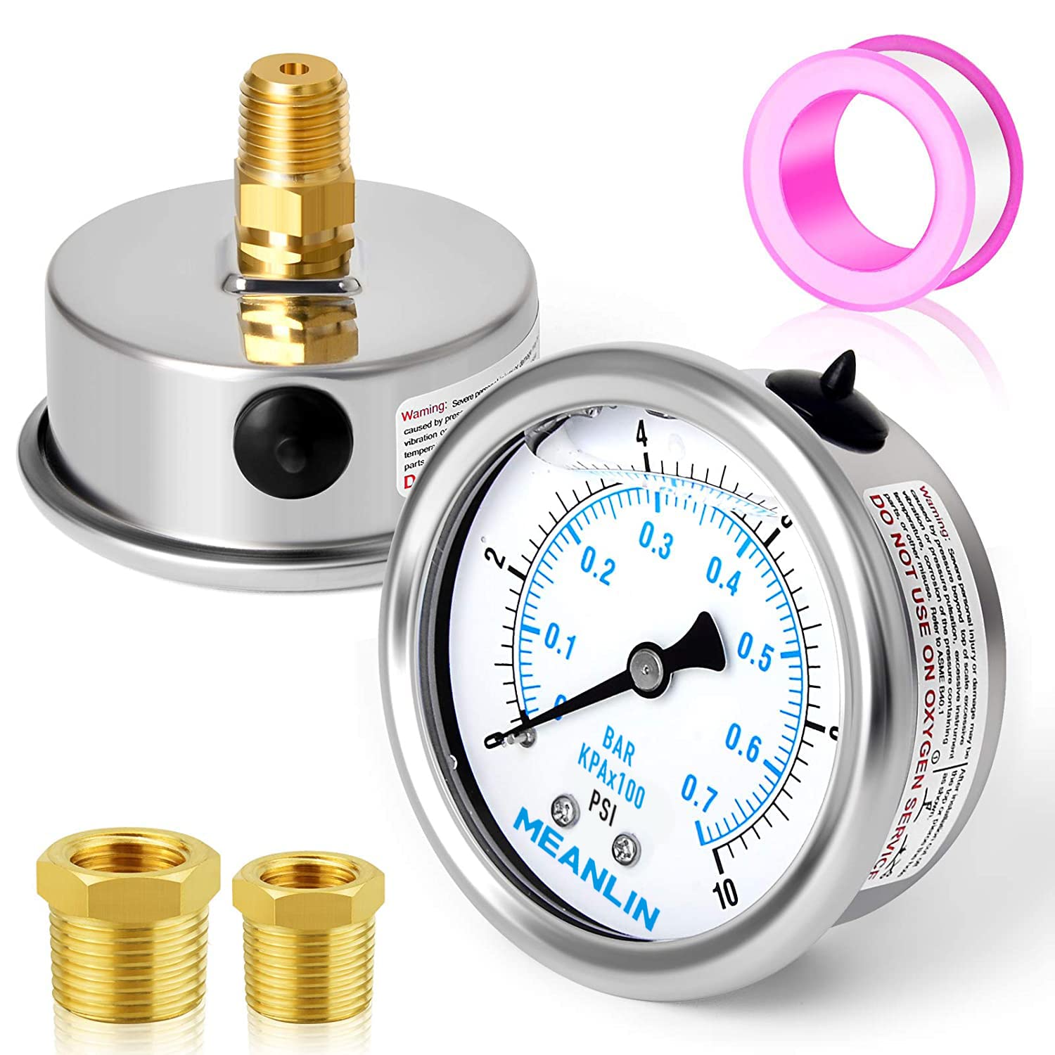 MEANLIN MEASURE 0~10Psi Stainless Steel 1/4" NPT 2.5" FACE DIAL Liquid Filled Pressure Gauge WOG Water Oil Air Center Back Mount, with 1/2" NPT and 3/8" NPT Hex Bushing