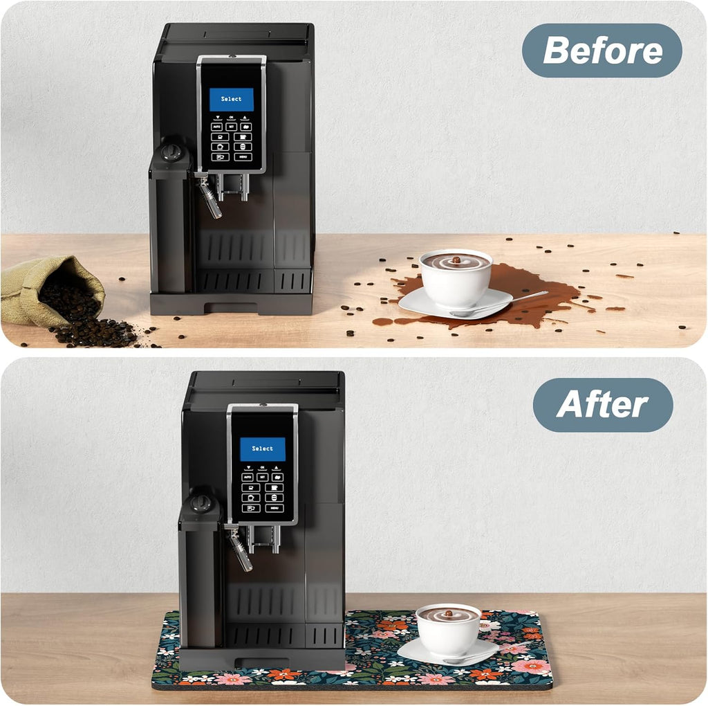 Rnivvi Coffee Mat, 12" x 19" Cute Coffee Bar Mats for Espresso Machine Station Accessories and Organizer, Hide Stain Rubber Backed Absorbent Dish Drying Pad for Kitchen Counter, Floral Cartoon