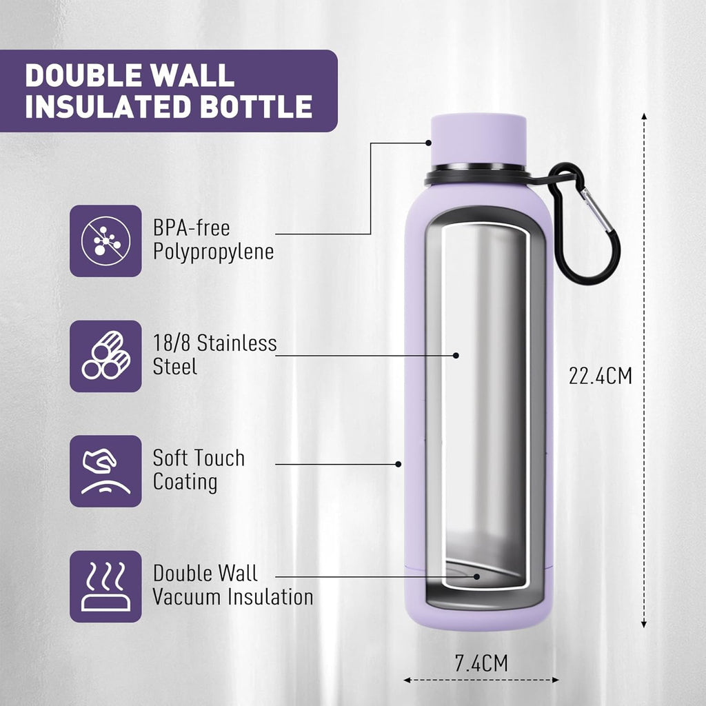 Slim Insulated Water Bottles for Travel 18oz with Clip, Double Wall Vacuum Stainless Steel Water Bottle Keeps Drinks Cold 24 Hrs/Hot 12 Hrs, 100% Leakproof, BPA Free(Purple)