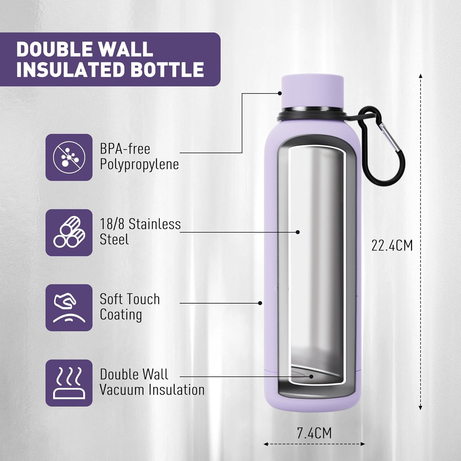 Slim Insulated Water Bottles for Travel 18oz with Clip, Double Wall Vacuum Stainless Steel Water Bottle Keeps Drinks Cold 24 Hrs/Hot 12 Hrs, 100% Leakproof, BPA Free(Purple)