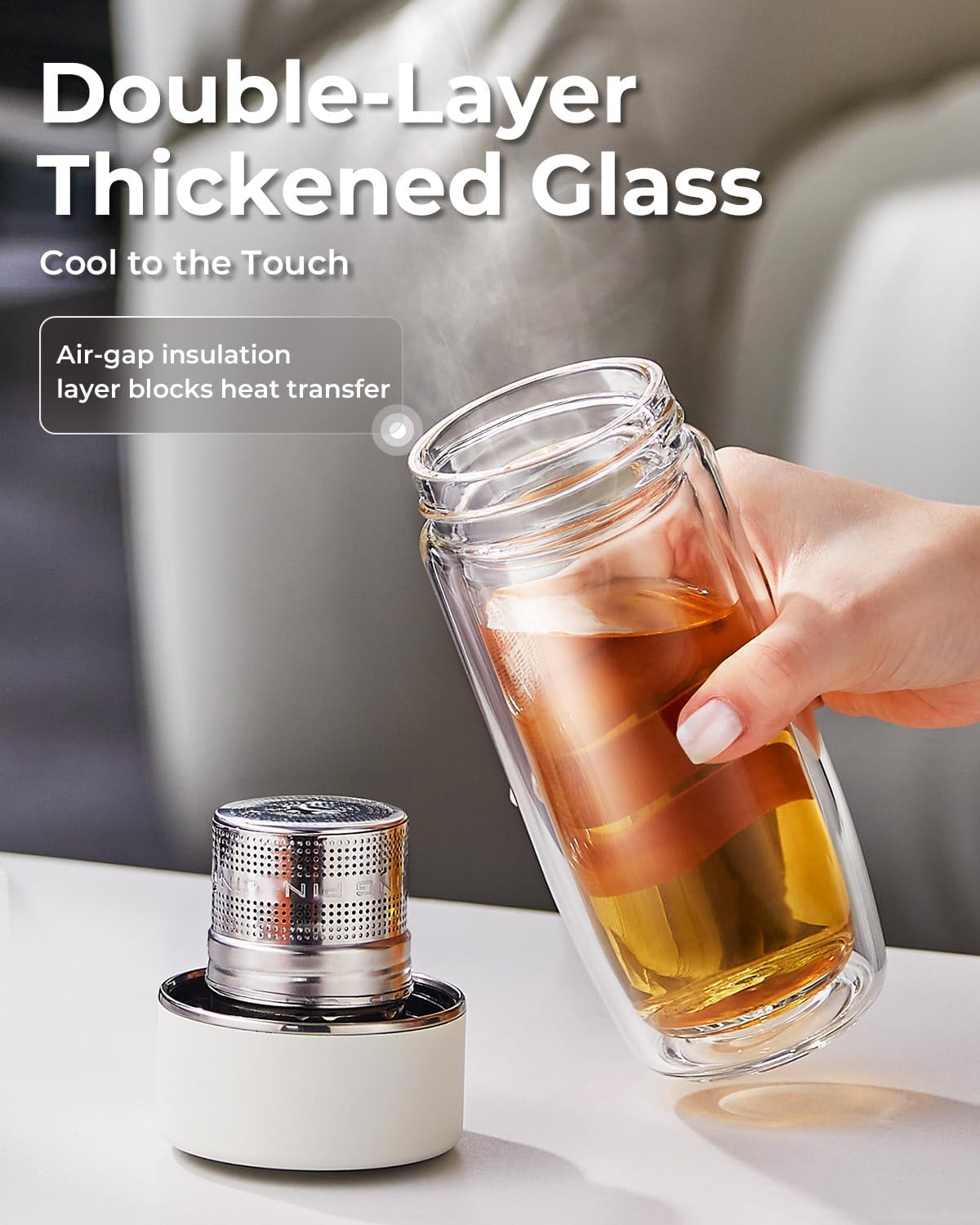 MagnaDrop Tea Tumbler – Double Wall Glass Tea Infuser Cup with Magnetic Steep Control & Bead Switch, Leakproof Travel Mug for Loose Leaf, 10.5oz