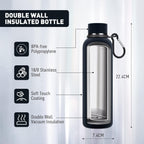 Slim Insulated Water Bottles for Travel 18oz with Clip, Double Wall Vacuum Stainless Steel Water Bottle Keeps Drinks Cold 24 Hrs/Hot 12 Hrs, 100% Leakproof, BPA Free(Black)